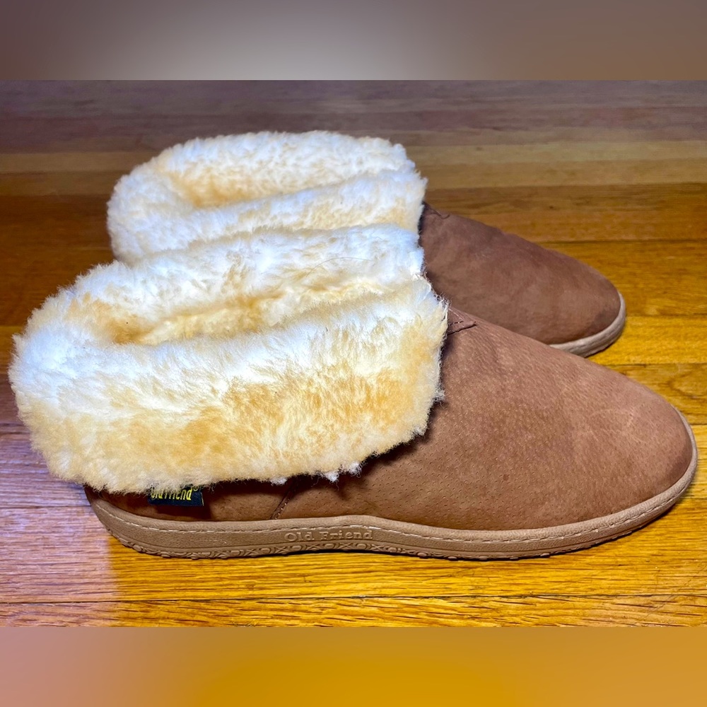 Old Friend Boot Slippers Ladies Size 11 Bootee  Brown Leather/Sheepskin